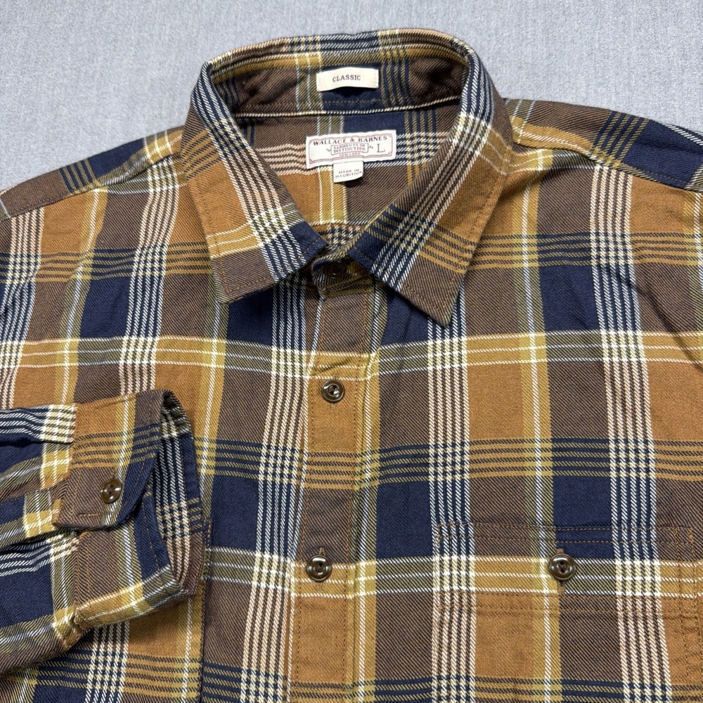 Wallace & Barnes J Crew Mens Large Plaid Flannel Button Down Shirt Brown Navy